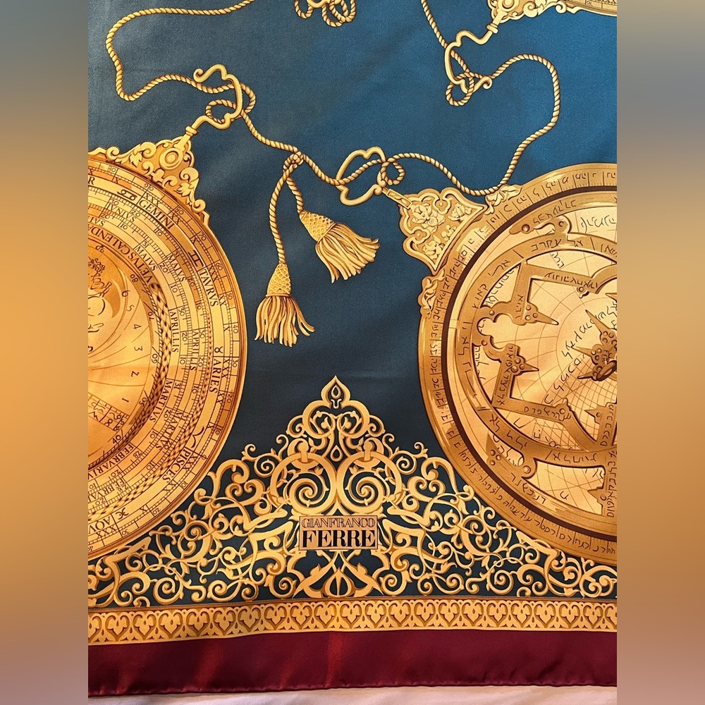 Vintage Gianfranco Ferre Silk Scarf Golden Astronomy Calendar hand rolled 34x34